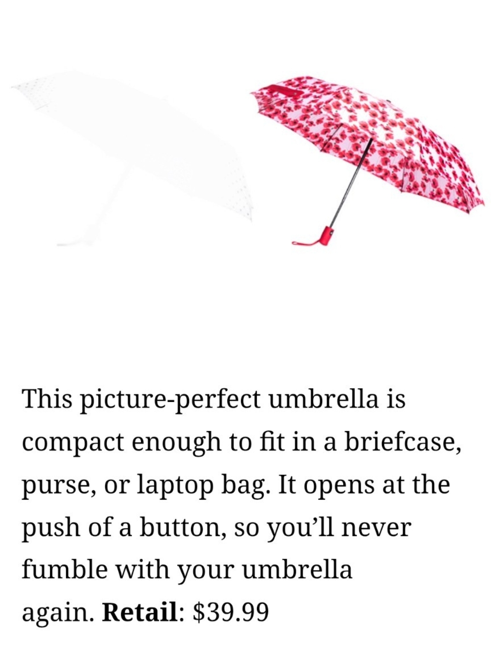 NEW With Tags Catherine Malandrino Red and White Floral Compact Umbrella